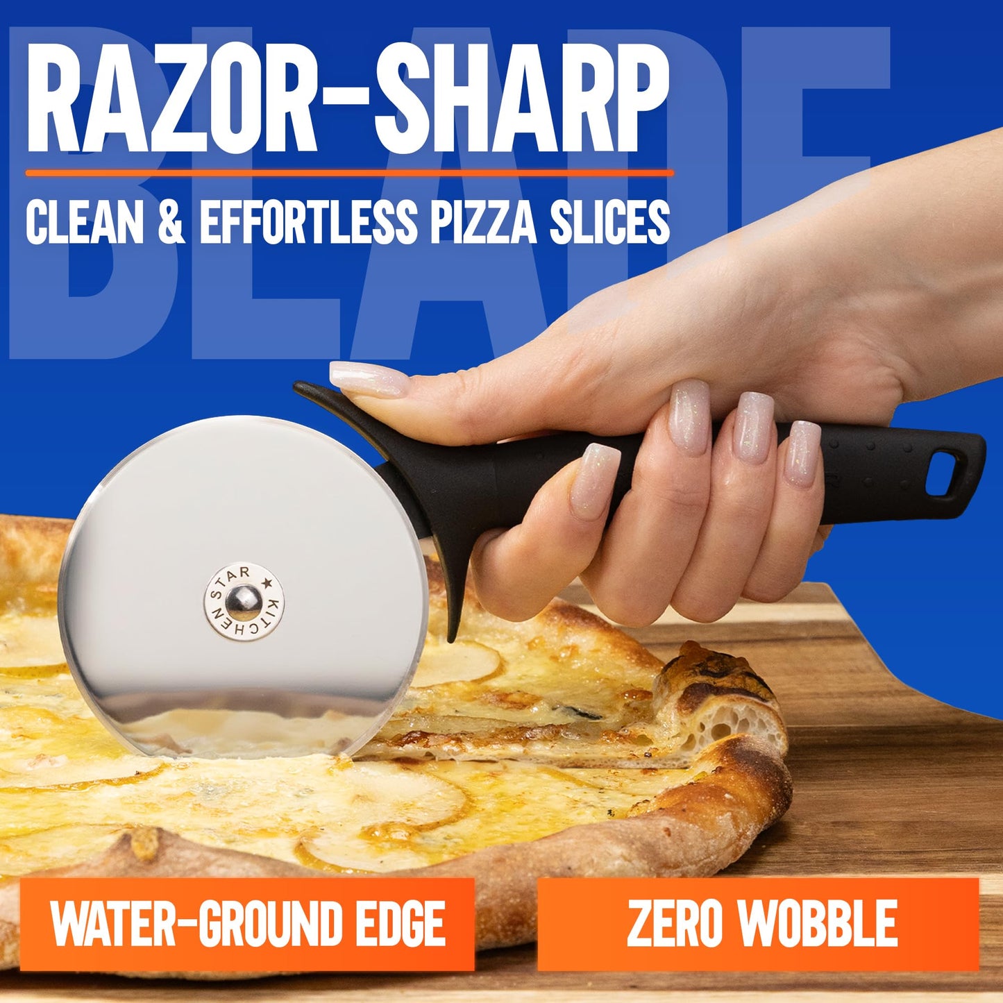 KitchenStar Pizza Cutter Wheel - 304 Stainless Steel Slicer Knife with Super Sharp Blade, Anti-Wobble Axle Mechanism, Ergonomic Non-Slip Handle & Protective Cover, Dishwasher Safe
