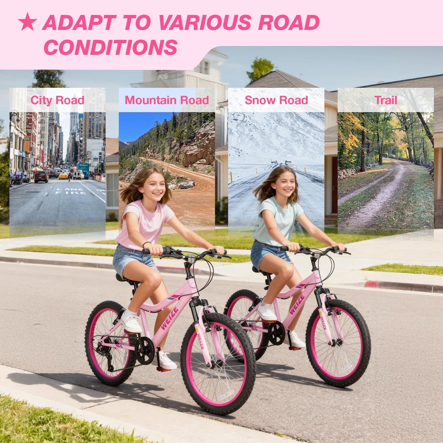 WEIZE 24 Inch Kid Mountain Bike,Kid Bike for Girls Age 6-14 Year Old,6 Speed Kid Bicycle with Front Suspension Fork,Adjustable Seat Height,High-Carbon Steel Frame,Ideal for Girl Adventurers,Pink