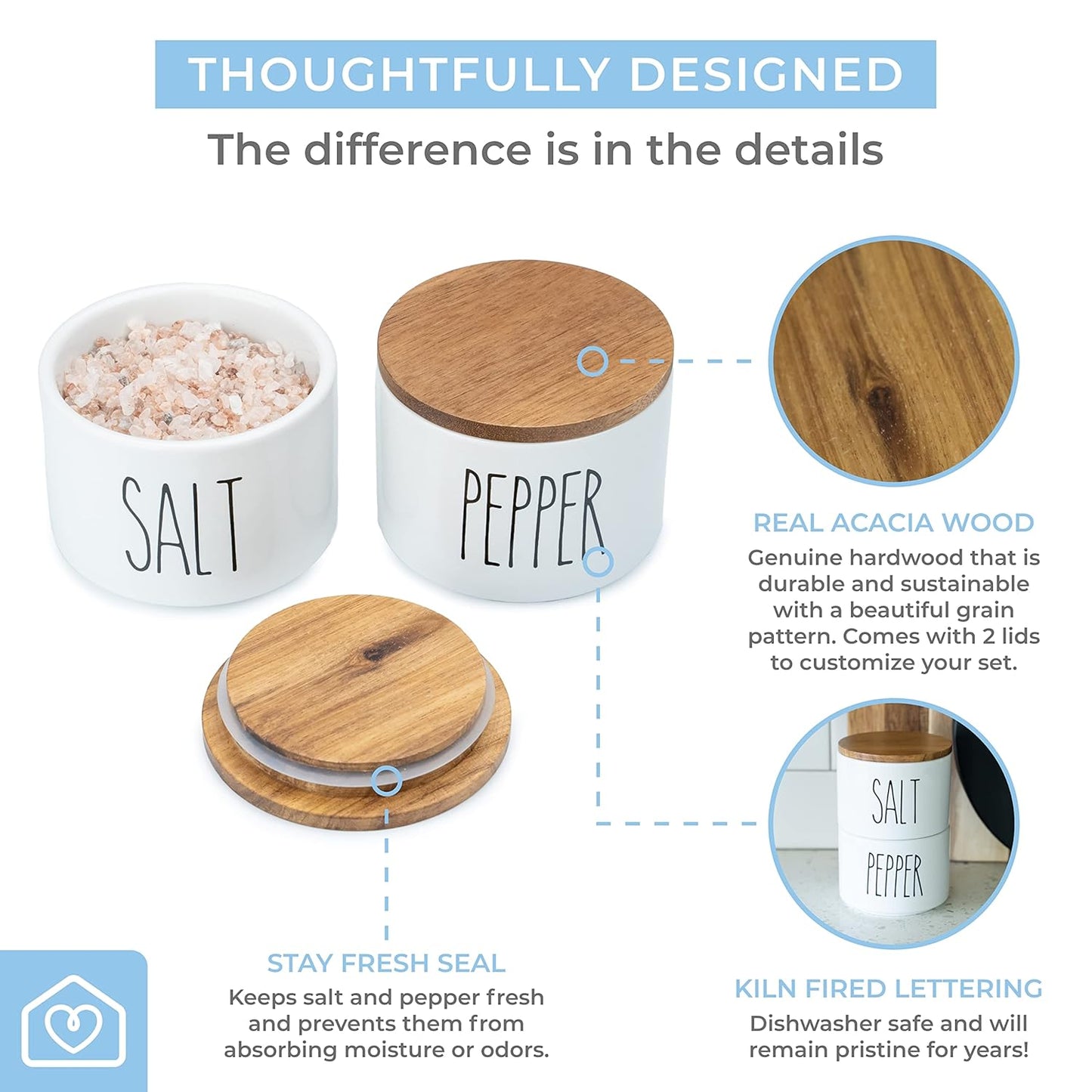 Heartland Home Ceramic Salt and Pepper Bowls, Dual Holder Salt Cellar with Lid, Stackable Set with Airtight Wooden Lids