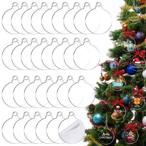 100 Pack Christmas Tree Ornaments Blanks - 4 Inch Clear Round Acrylic Flat Disc Ornaments Blanks Christmas DIY Crafts Transparent Circle Discs for Xmas Winter New Year Party Hanging Decorations