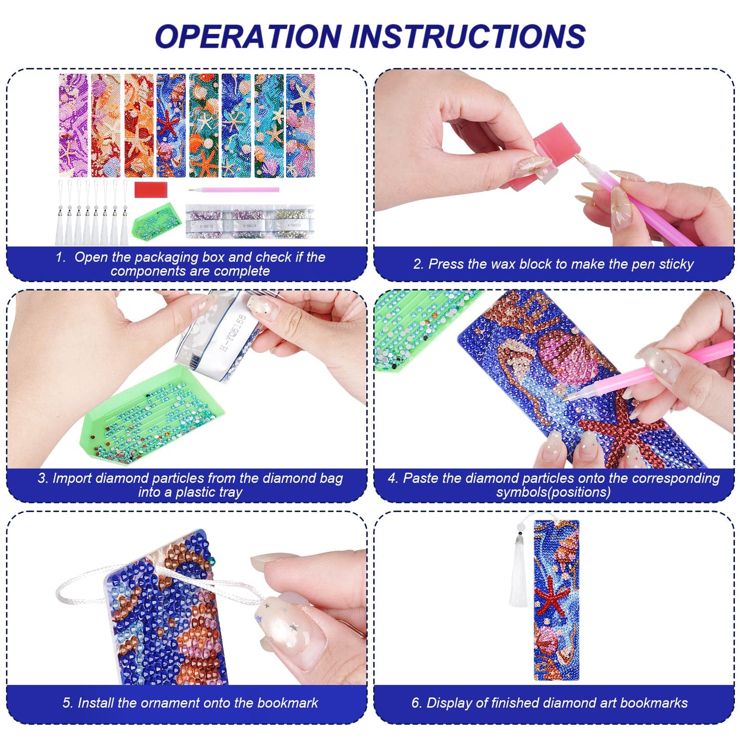 cnomg Diamond Art Bookmarks Kit for Adults 8 Pack Ocean Sea Shell Diamond Painting Bookmarks with Tassels 5D DIY Gem Art Bookmark Set for Craft Lovers Reading Gifts for Book Lovers Women