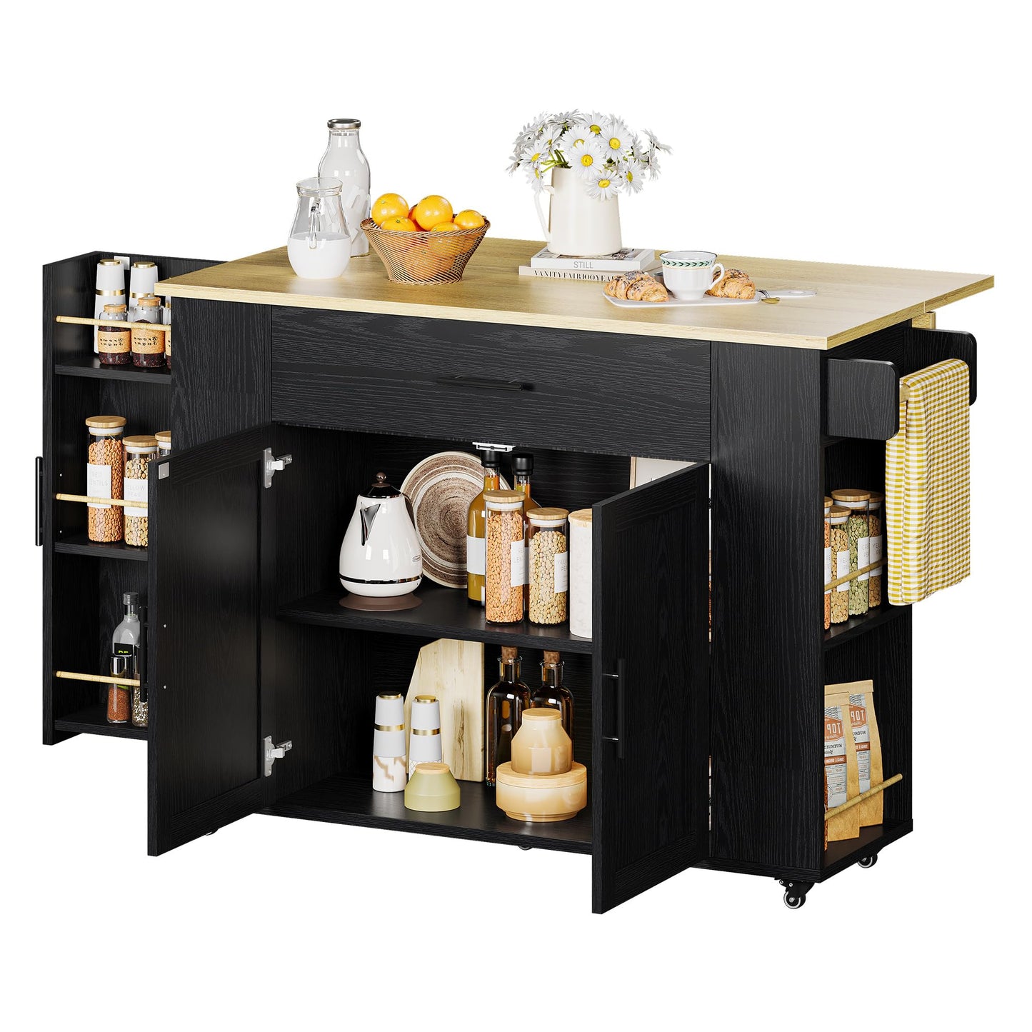 IRONCK Kitchen Island with Storage, 47.2in Rolling Island on Wheels, Kitchen Cart with Drop Leaf, Drawer and Towel Rack for Home, Dining Room