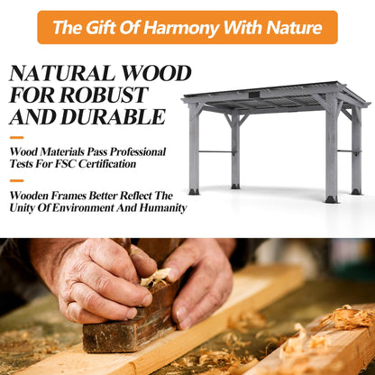 GARTOO 12.5'x6.5' Outdoor Grill Gazebo - Hardtop Cedar Wood Gazebo with 2 Side Shelves and Galvanized Steel Roof, Patio Wooden BBQ Pergola for Garden, Porch and Backyard