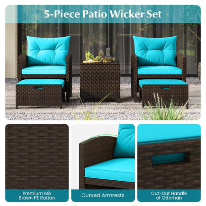 Tangkula 5 Pieces Patio Conversation Set, PE Wicker Outdoor Furniture Set with 2 Chairs, 2 Ottomans & Tempered Glass Coffee Table, Ideal for Poolside, Backyard, Lawn, Deck, Mix Brown & Turquoise