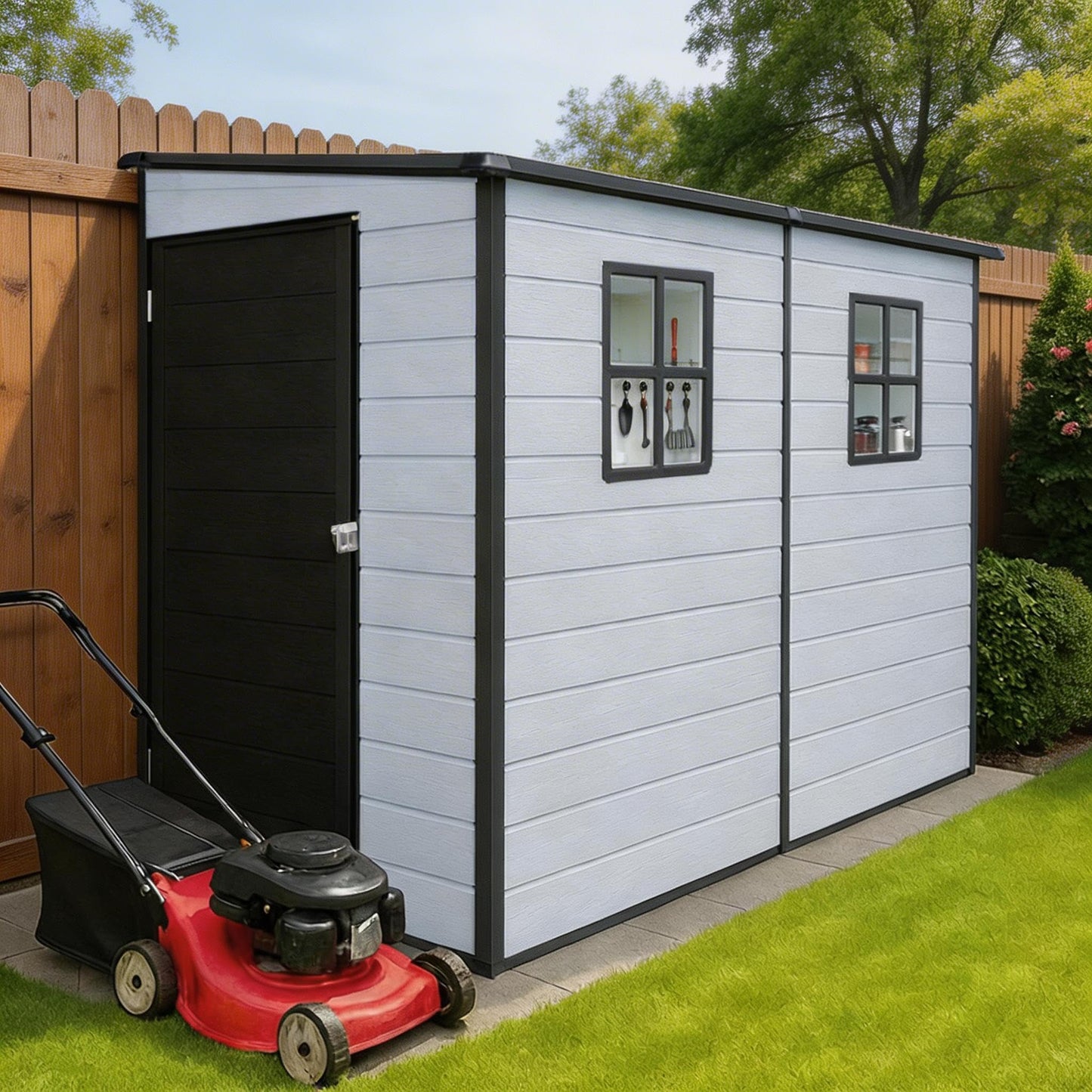 FammyLoft 4x8 FT Lean to Shed with Floor, Resin Storage Shed & Outdoor Storage Clearance with 2 Windows, Backyard Storage Sheds for Garden, Patio, Backyard, (Black+Grey)