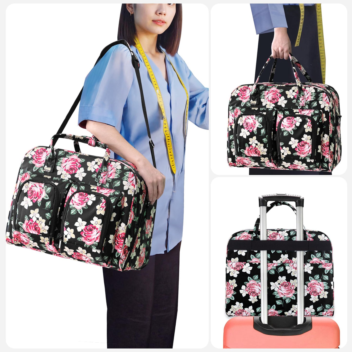 Teamoy Sewing Machine Carrying Case, Sewing Machine Tote with Bottom Wooden Board Pad for Most Standard Sewing Machines and Accessories, Peony