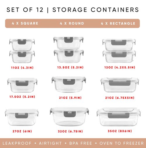 JoyJolt 24pc Borosilicate Glass Storage Containers with Lids | 12 Airtight/Freezer Safe Food Storage Containers for Pantry and Kitchen | Meal Prep Container for Lunch | Glass Tupperware Set