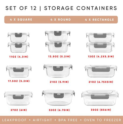 JoyJolt 24pc Borosilicate Glass Storage Containers with Lids | 12 Airtight/Freezer Safe Food Storage Containers for Pantry and Kitchen | Meal Prep Container for Lunch | Glass Tupperware Set