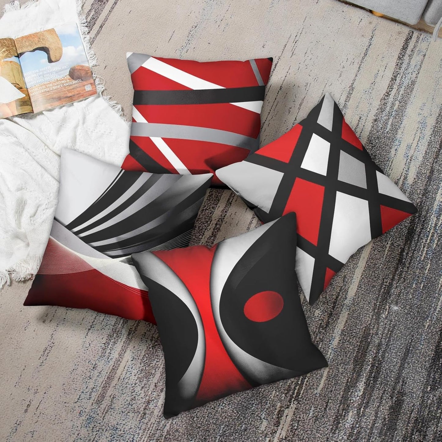 Emvency Set of 4 Throw Pillow Covers, Modern Abstract Red Stripes Gray Black White, 22x22 Inches Decorative Pillowcases