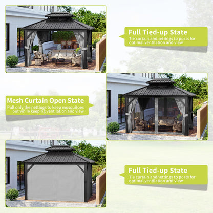 10 X12 ft Hardtop Gazebo, Galvanized Steel Double Roof with Curtains and Netting, Aluminum Frame Patio Gazebo for Patio, Garden and Lawn