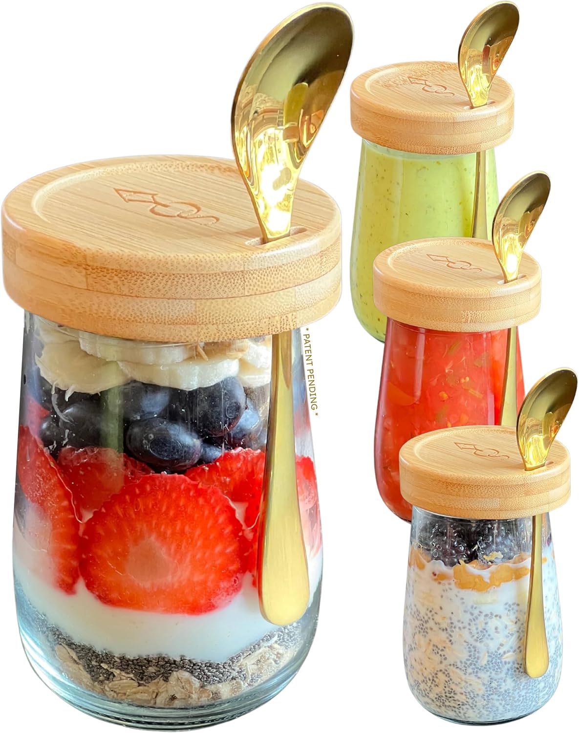 16 oz 4 pack Premium Overnight Oats Containers with Bamboo Lids and Golden Spoons - Glass Jars - - Plastic Free