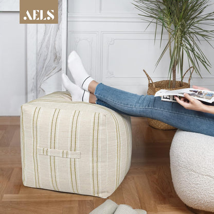 18"x18"x18", AELS Unstuffed Farmhouse Pouf Cover for Living Room, Boho Storage Bean Bag Cubes, Beige with Brown Stitch