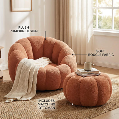 Premium Cloud Velvet Bean Bag Chair Set | 43.3" Ergonomic Pumpkin Lounger & Ottoman for Adults, Thick High-Resilience Foam, No Assembly, Compact for Living Room & Bedroom