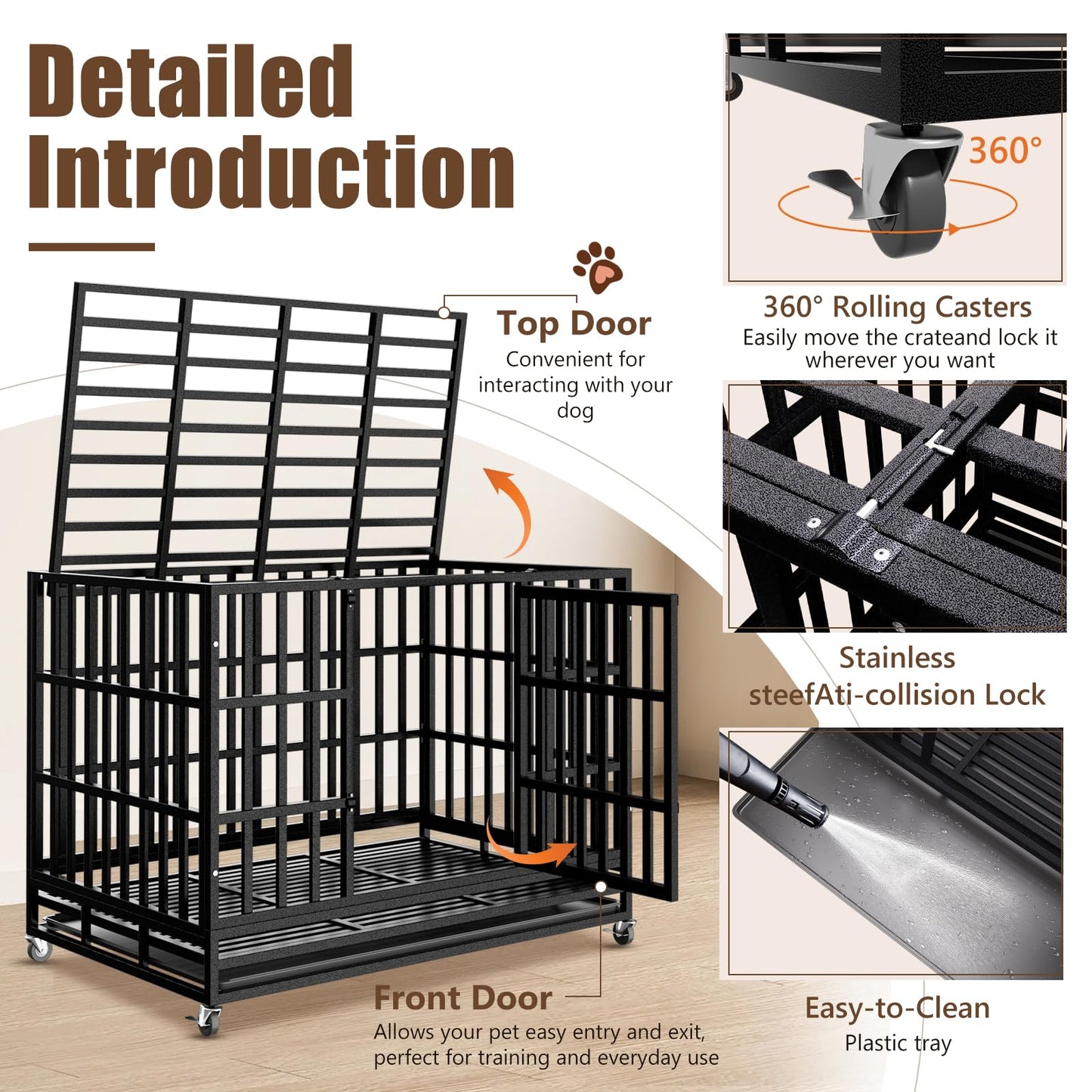 SHUSHIM 48 Inch Heavy Duty Dog Crate Kennel with Wheels, High Anxiety Indestructible Dog Crates for Large Dogs, XL XXL Extra Large Dog Crate with Removable Plastic Tray, Two Locks (Black, Square)