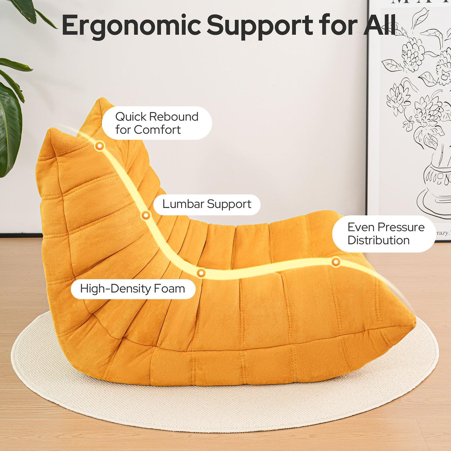 High-end Bean Bag Chairs for Adults Giant Bean Bag Chair Memory Foam BeanBag Chair Bean Bag Sofa Fireside Beanbags Lazy Sofa for Living Room Bedroom Office Suede Yellow