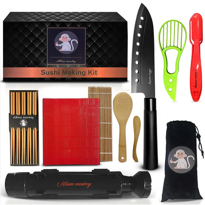 Albino monkey Sushi Making Kit – Bamboo Sushi Mat & Roller, Sushi Bazooka, Avocado Slicer & Onigiri Mold – Complete Sushi Maker Kit for Beginners with Gift Box Step-by-Step Video Guide