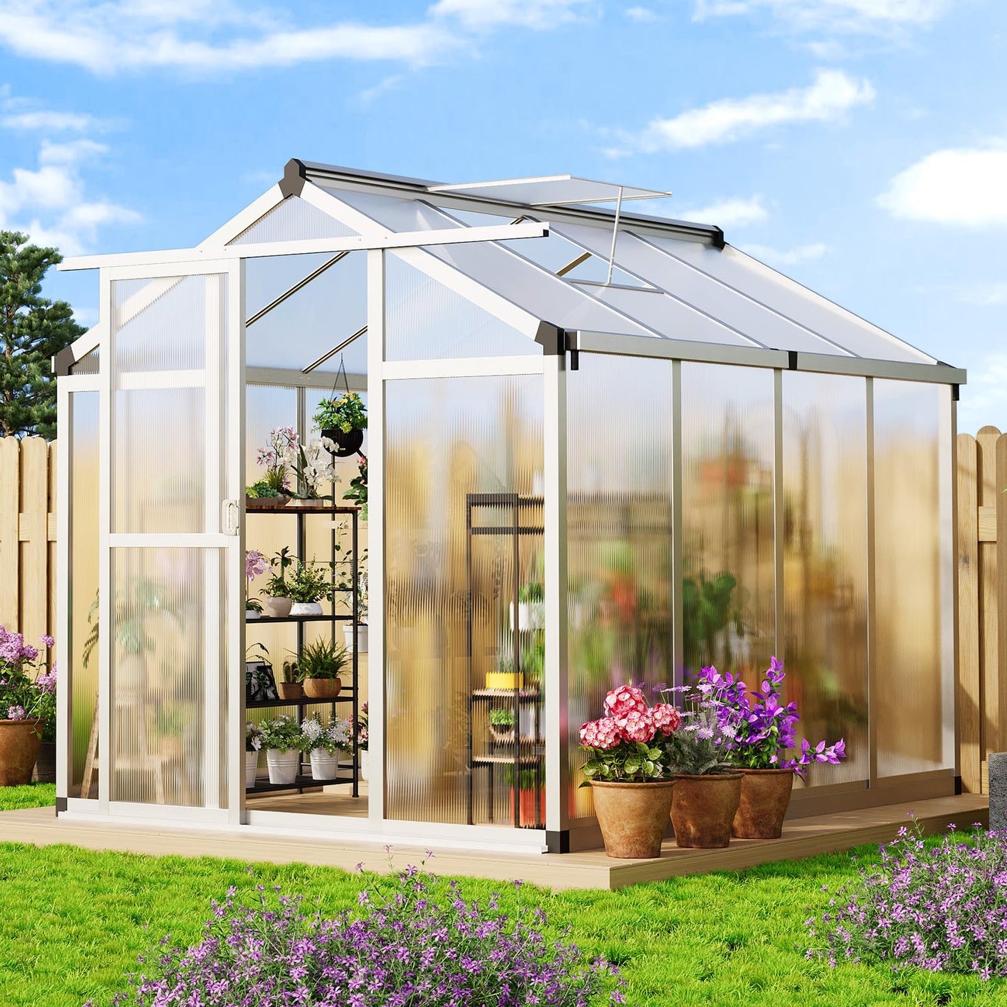 GAOMON Walk in Polycarbonate Greenhouse for Outdoors, 6 x 8 ft Backyard Greenhouse with Reinforced Aluminum Frame, Roof Vent, Lockable Door, Rain Gutter, Easy Assembly, Wood