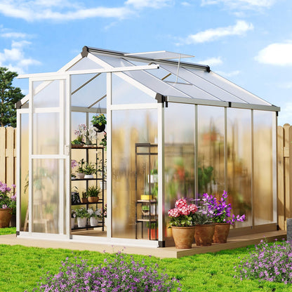 GAOMON Walk in Polycarbonate Greenhouse for Outdoors, 6 x 8 ft Backyard Greenhouse with Reinforced Aluminum Frame, Roof Vent, Lockable Door, Rain Gutter, Easy Assembly, Wood