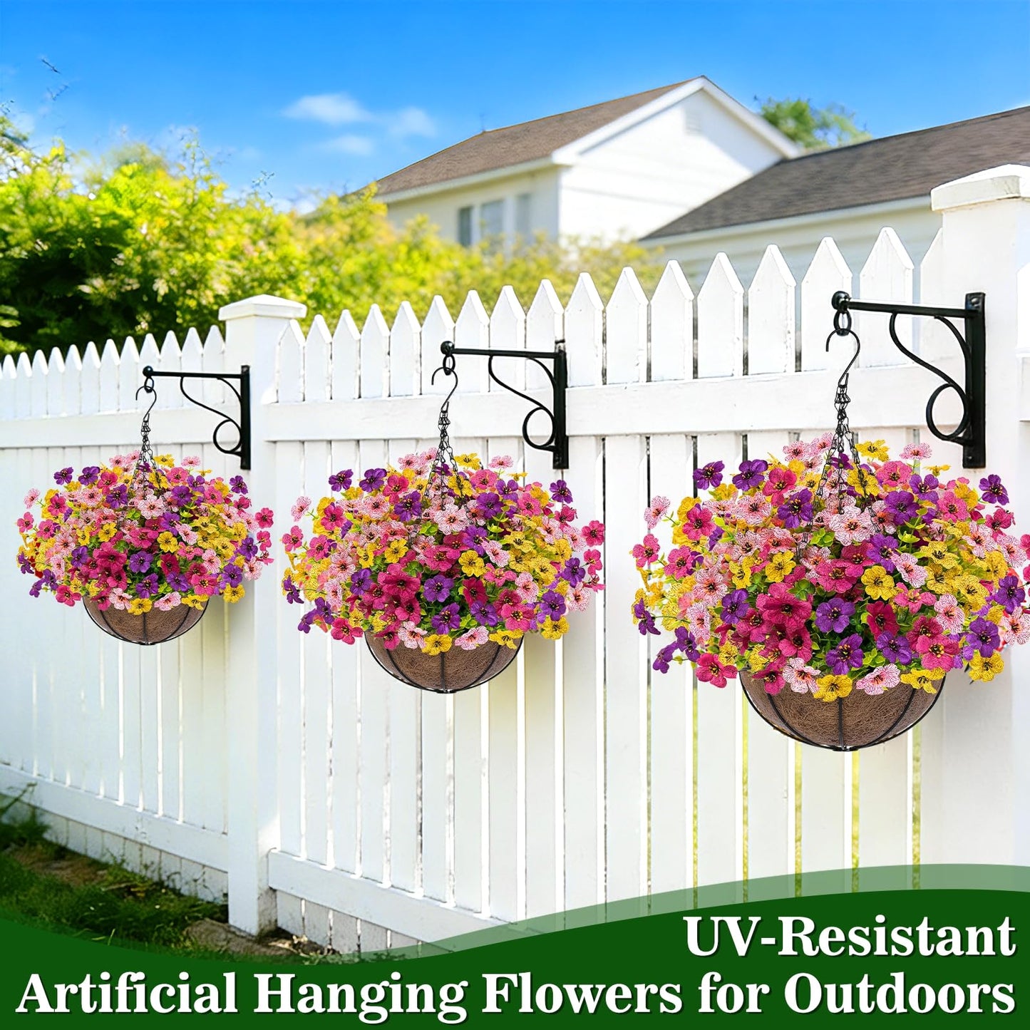 Grandeal 2 Sets Artificial Hanging Plants Flowers Basket Outdoor, Fake Hanging Plants 24 Pcs Flowers for Porch Patio Garden Home Decor for Spring Summer (Red, Purple, Yellow, Rose Red)