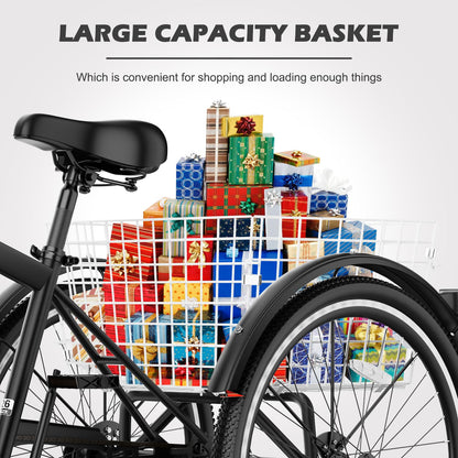 H&ZT Adult Tricycle, 3 Wheeled Bike, Trike Cruiser Bike, with 7-Speed Gear, Parking Brake Handle, Low Step, Large Rear Basket, Elderly Friendly, for Men, Women, and Teens