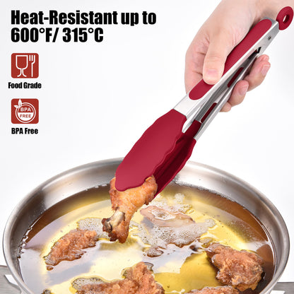 Doosu Kitchen Tongs for Cooking - 600°F Heat Resistant Food Tong with Non-Scratch Silicone Tips, Heavy Duty Stainless Steel Locking Tong for BBQ, Grilling Steak, Serving Salad, Pasta (9in, Red)