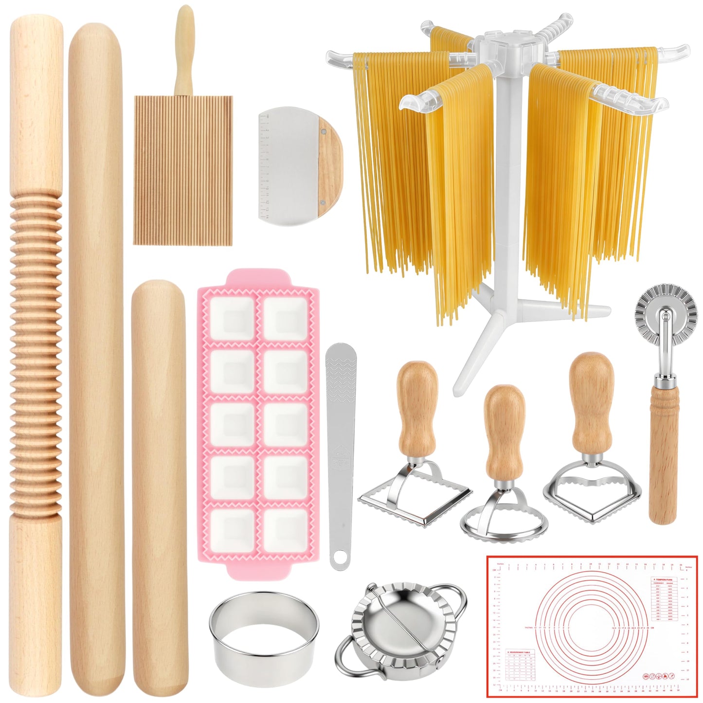 TREWAVE 15 Pcs Pasta Making Tools Set, Homemade Pasta Making Kit Includes Ravioli Maker Mold, Gnocchi Board, Pasta Drying Rack, Red Pastry Mat and Rolling Pin for Beginners & Home Chefs