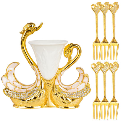 Gold Dessert Forks, Swan Base With 6 Pcs Mini Forks Set,4.5" Charcuterie Forks- Very Suitable for Dessert Shops or Family Use
