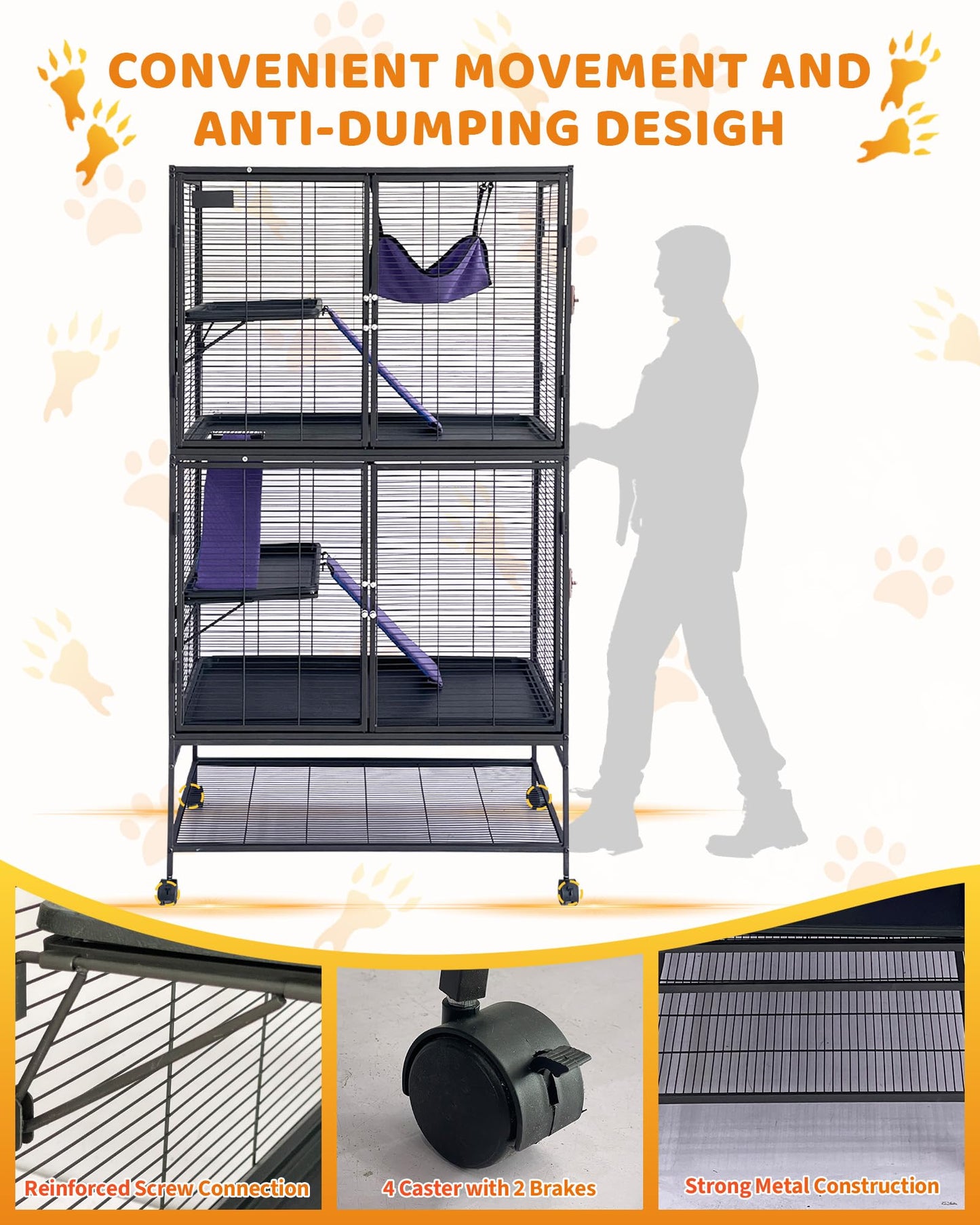 Garvee Metal Small Animal Cage,64 in H Ferret Cage for Small Animals - 4 Tier Large Hamster Cage with Removable Ramp, Hammock, Extra Storage Stand,Removable Tray for Ferret, Chinchilla, Hamster