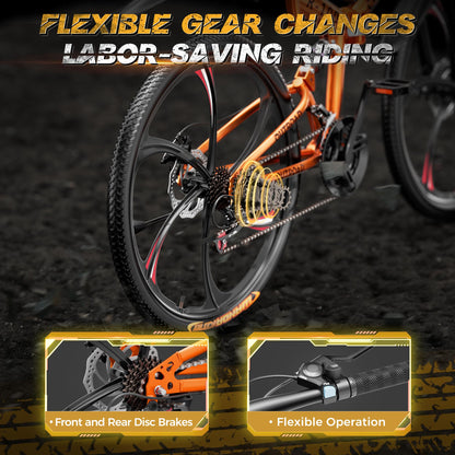 Outroad 26 Inch Folding Mountain Bike, 21 Speed Full Suspension High-Carbon Steel MTB Foldable Bikes, Dual Disc Brake Non-Slip Folding Bicycle for Adults/Men/Women, 26 inch-Orange