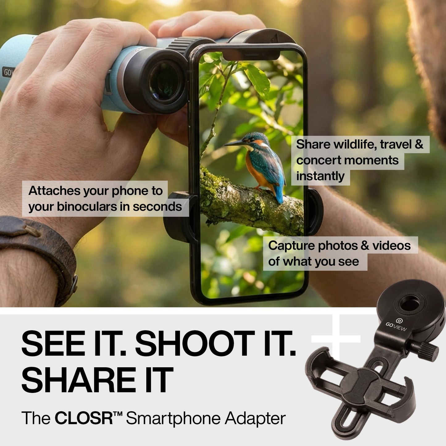 GOVIEW ZOOMR 10x34 Binoculars for Adults | Lightweight | BAK4 Prism with Fully Multi-Coated Optics | Smartphone Adapter Compatible | Waterproof IPX5/6 PORTR™ Strap with Easy Click Closure - Miami Blue
