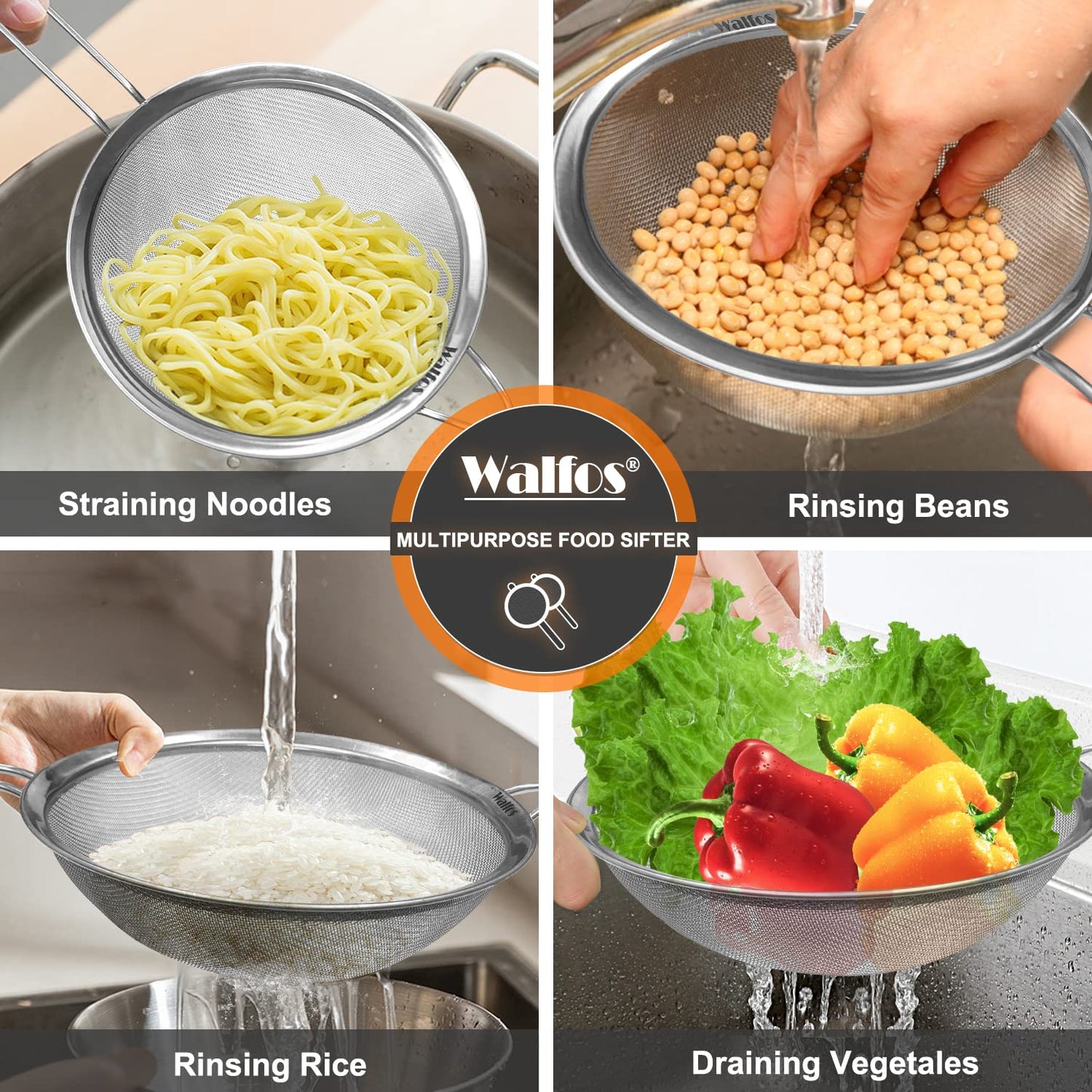 Walfos 7.8 Inch Fine Mesh Strainer, Premium Stainless Steel Colanders and Sifters, with Reinforced Frame and Sturdy Handle, Perfect for Sift, Strain, Drain and Rinse Vegetables, Pastas and Tea