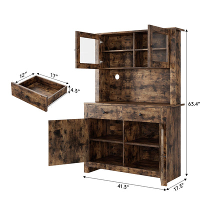 63" Tall Farmhouse Kitchen Pantry Cabinet with Microwave Stand, Freestanding Pantry Hutch Cabinet with Adjustable Shelves, Drawers & Countertop, Buffet Cupboard for Dining&Living Room Storage, Retro