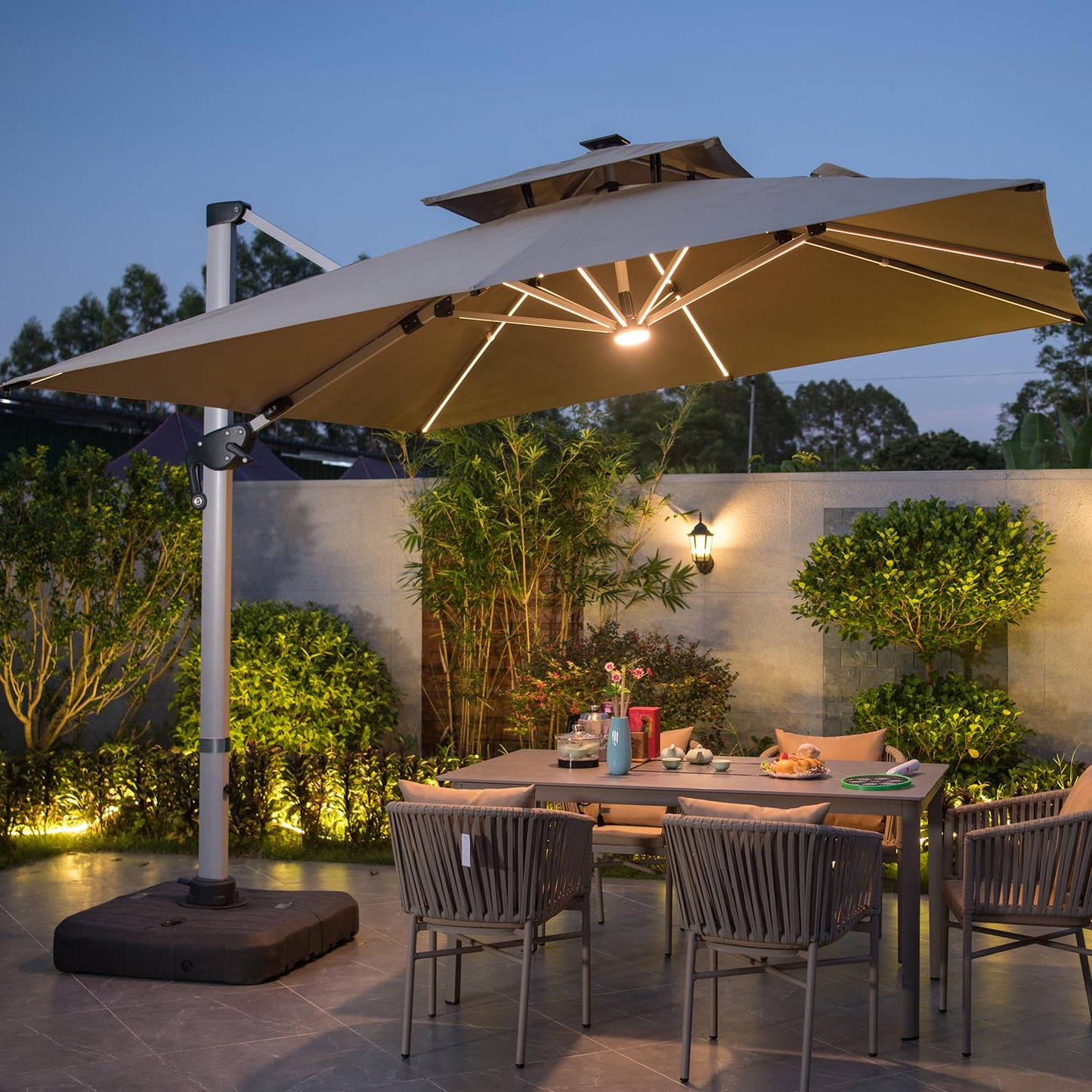 Mojia 10x10 FT Square Cantilever Patio Umbrella with Solar LED Lights and Cross Base, 360° Rotation Large Heavy Duty Offset Outdoor Umbrella with Easy Tilt for Pool Backyard Deck Garden, Khaki