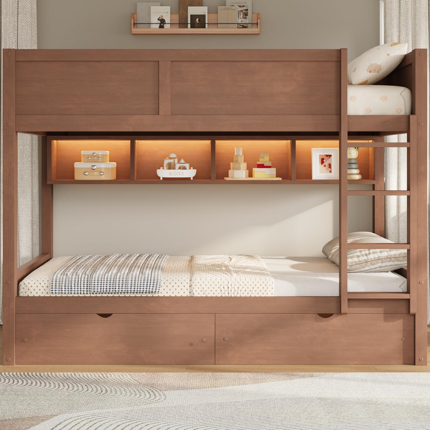 Merax Full XL Over Full XL Wood Bunk Bed Frame with Ladder,Storage Shelves & Drawers for Teens, Modern Low Bunk Bed with Solid Slats, Guardrail, No Box Spring Required, Easy Assembly, Brown