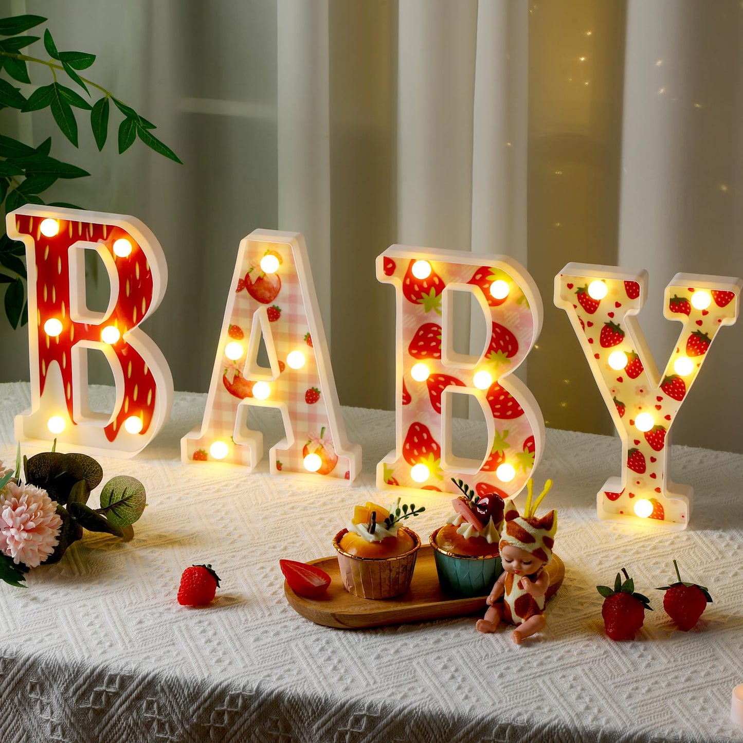 Realspring Baby Shower Sign Babe Marquee LED Letters Battery Operated Light up Centerpieces Glowing Home Table Party Decor for Boy Girl Gender Reveal Birthday, 8.26''(Strawberry,Red)