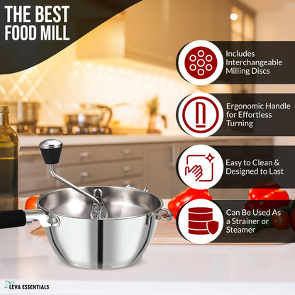 Premium Stainless Steel Food Mill - Effortless Pureeing, Straining & Milling for Soups, Sauces, Baby Food, and More – Includes 3 Interchangeable Discs – Durable & Easy-to-Clean Design