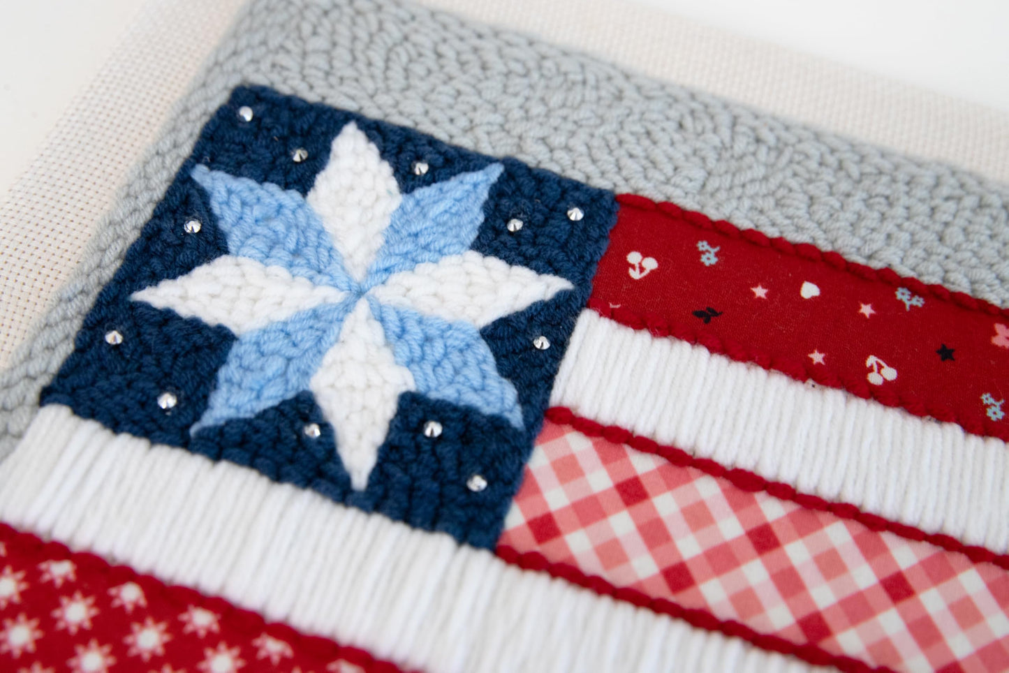 Kimberbell Stars & Stripes Forever Punch Needle Kit – Complete Patriotic Craft Set with Tool, Yarn, Hoop, Monks Cloth, Appliqués & Rhinestones – DIY Punch Needle Plus Kit with Video Tutorials