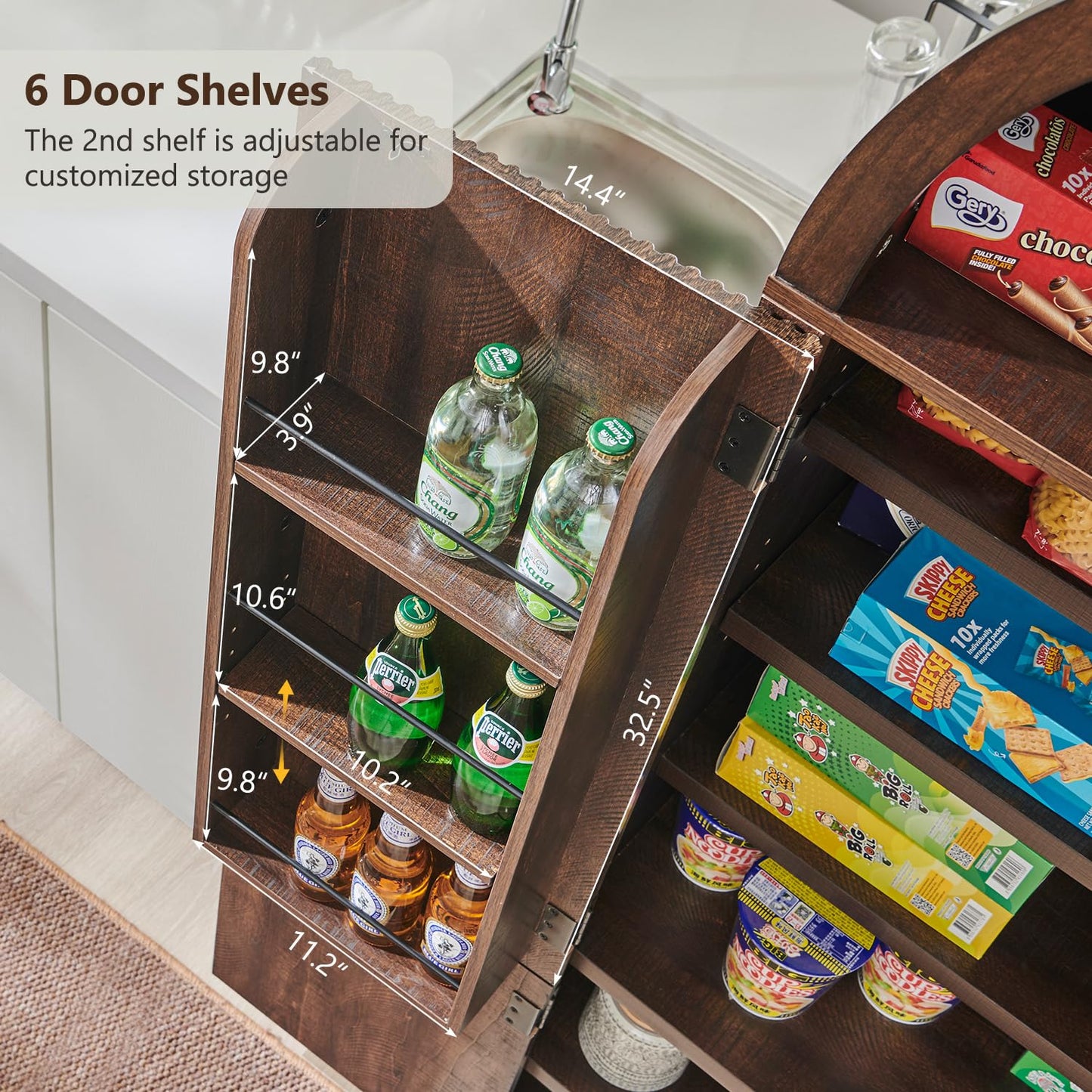 IFGET 71" Tall Arched Kitchen Pantry, Modern Fluted Wood Storage Cabinet with Doors, 3 Adjustable Shelves, 6 Door Shelves, Organizer, Versatile Cupboard for Kitchen, Bathroom, Brown