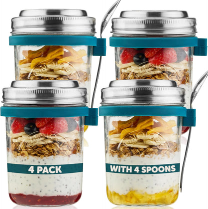16oz Set 4 Pack Overnight Oats Containers with Lids & Spoons - Stainless Steel Lid Leakproof Glass Jars for Chia