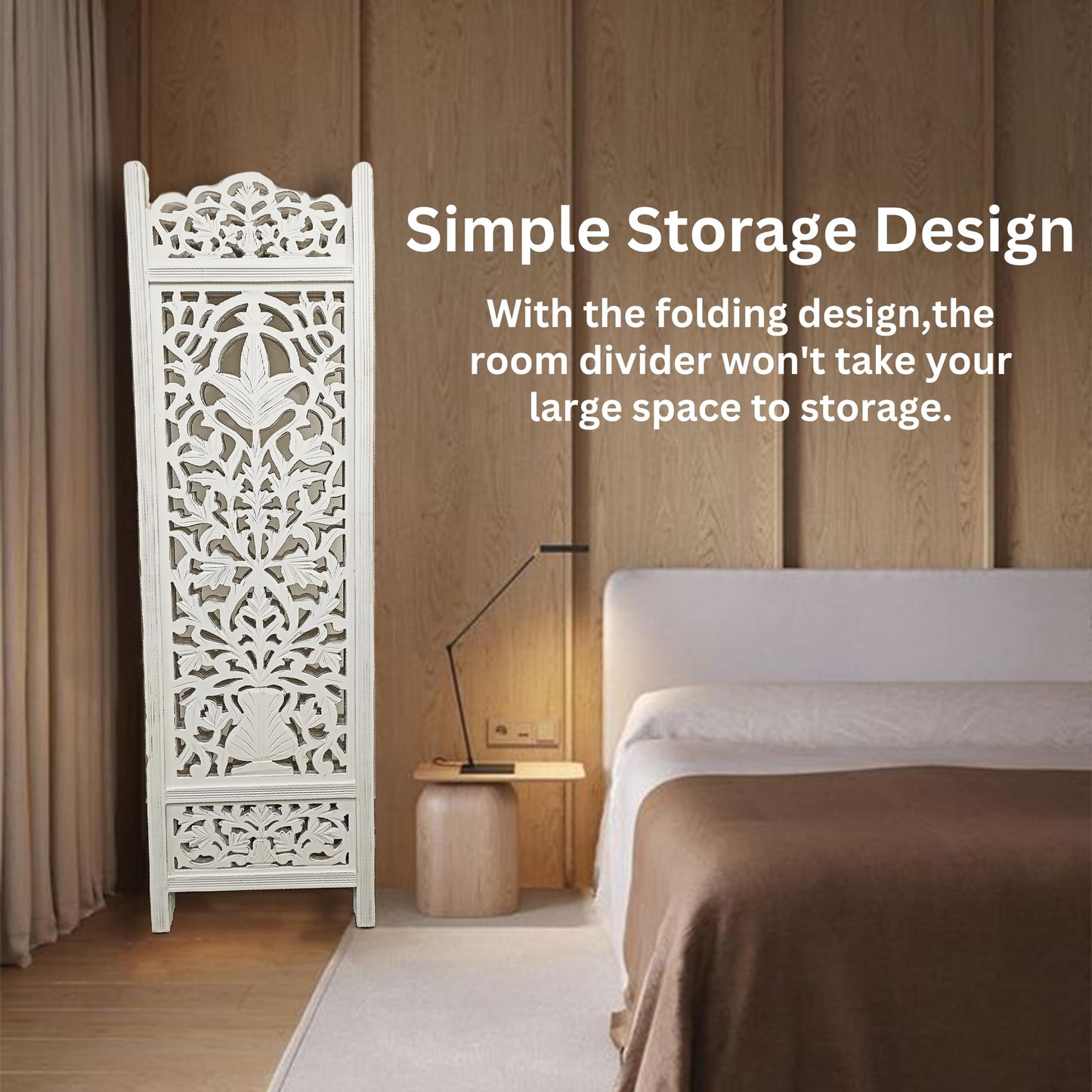 Lightnpro 4-Panel Wooden Room Divider 72"×72" - Hand-Carved Floral Folding Privacy Screen | Pre-Assembled Large Decorative Partition for Living Room, Bedroom, Office & Boho Home Décor - Antique White
