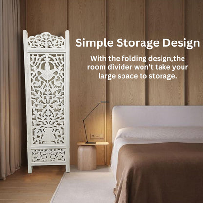 Lightnpro 4-Panel Wooden Room Divider 72"×72" - Hand-Carved Floral Folding Privacy Screen | Pre-Assembled Large Decorative Partition for Living Room, Bedroom, Office & Boho Home Décor - Antique White