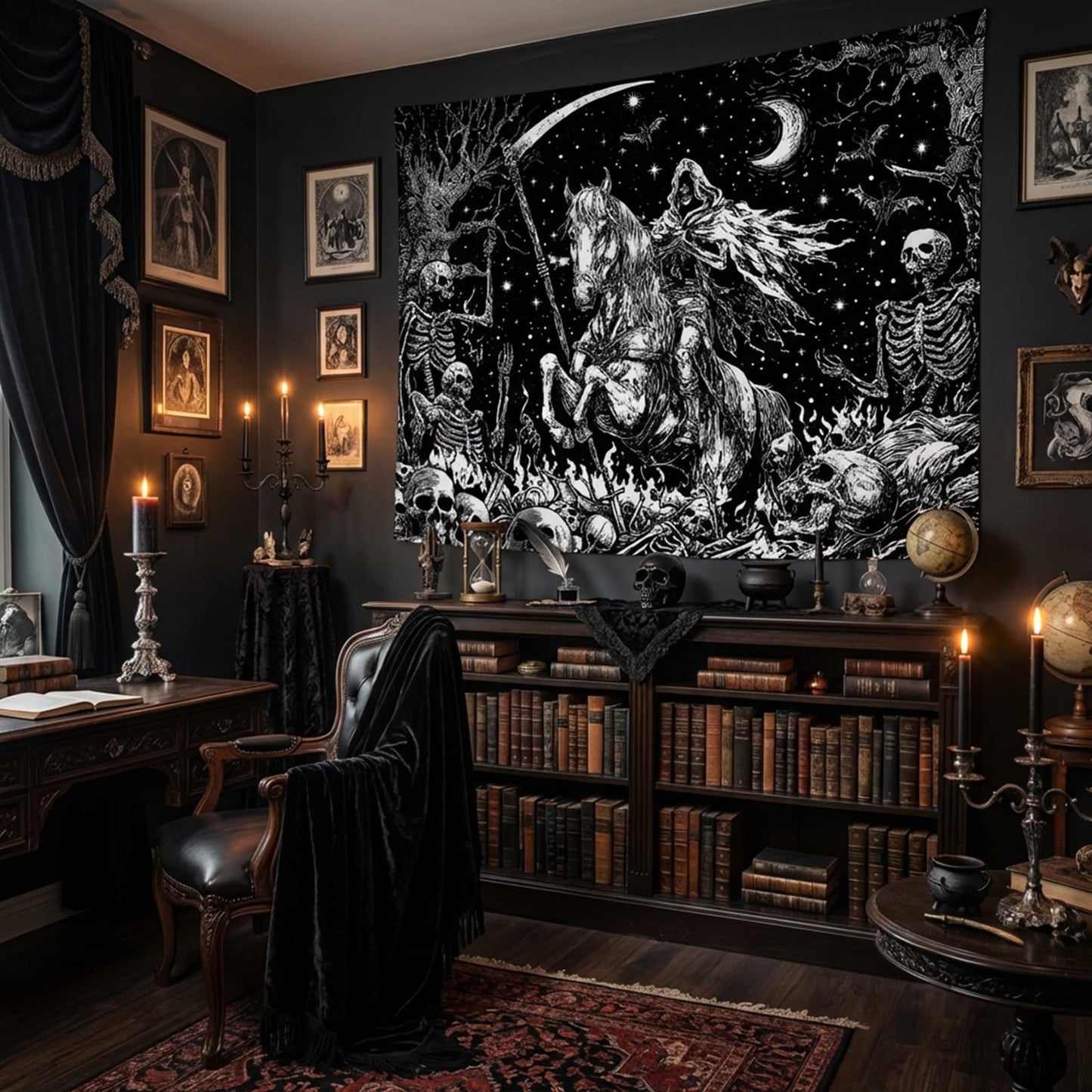 Lifeella Gothic Skeleton Tapestry, Horror Moon Skull Dark Death Grim Reaper Wall Art for Bedroom Grunge Room Decor, Black and White 44x60 inches