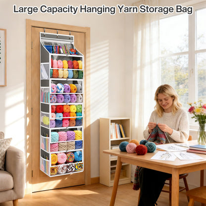 Hanging Yarn Storage Organizer with 5 Zipper Closure Compartments, Large Capacity Knitting Organizer Storage, Over the Door Hanging Knitting Yarn Holder for Crochet, Knitting Needles, Clear Grey