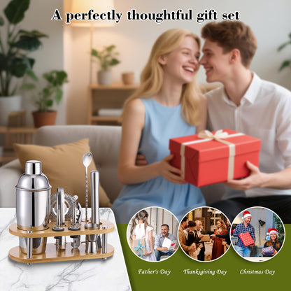 Cocktail Shaker Set Bartender Kit - 11 Pcs Bar Tool Set with Bamboo Stand & All Bar Accessories: Martini Shaker, Strainer,Jigger, Muddler, Mixer Spoon Barware Kit, for Bar, Home Lounge & Party