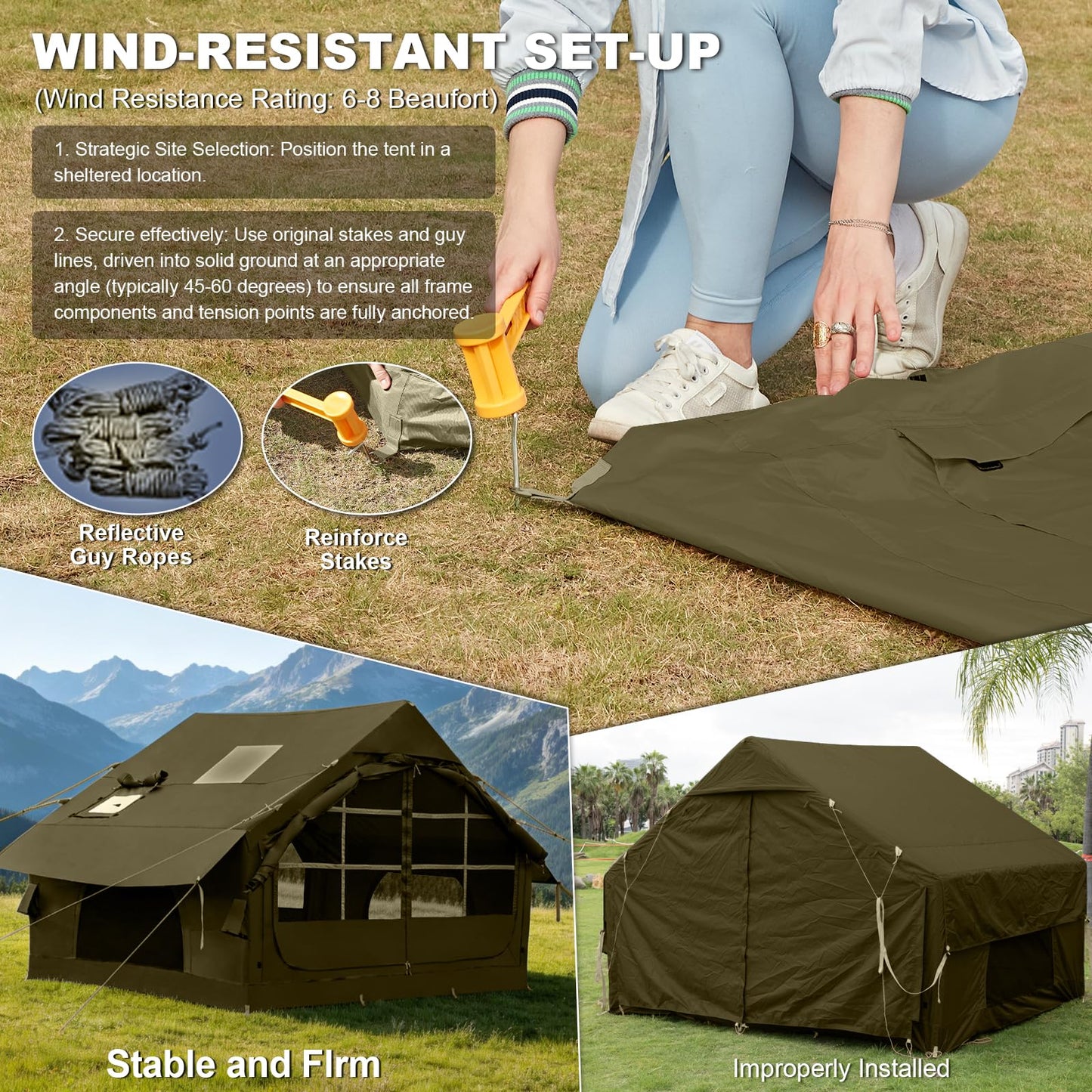 4-6 Person Inflatable Tent for Camping with Stove Jack, Hand Air Pump Easy Setup Blow Up Tents for 4 Seasons Waterproof Inflatable Air House Tent for Outdoor Adult
