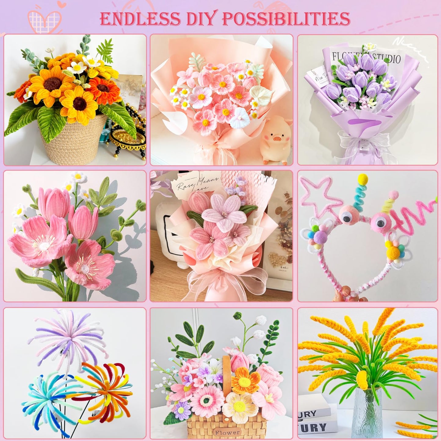 Missicee 800 PCS Pipe Cleaner Flower Kit, DIY Pipe Cleaners Bulk Craft Bouquet Making Kit with 13 Colors Chenille Stems, Floral Wires, Stamen, Ribbon, Instruction, Art and Craft Supplies