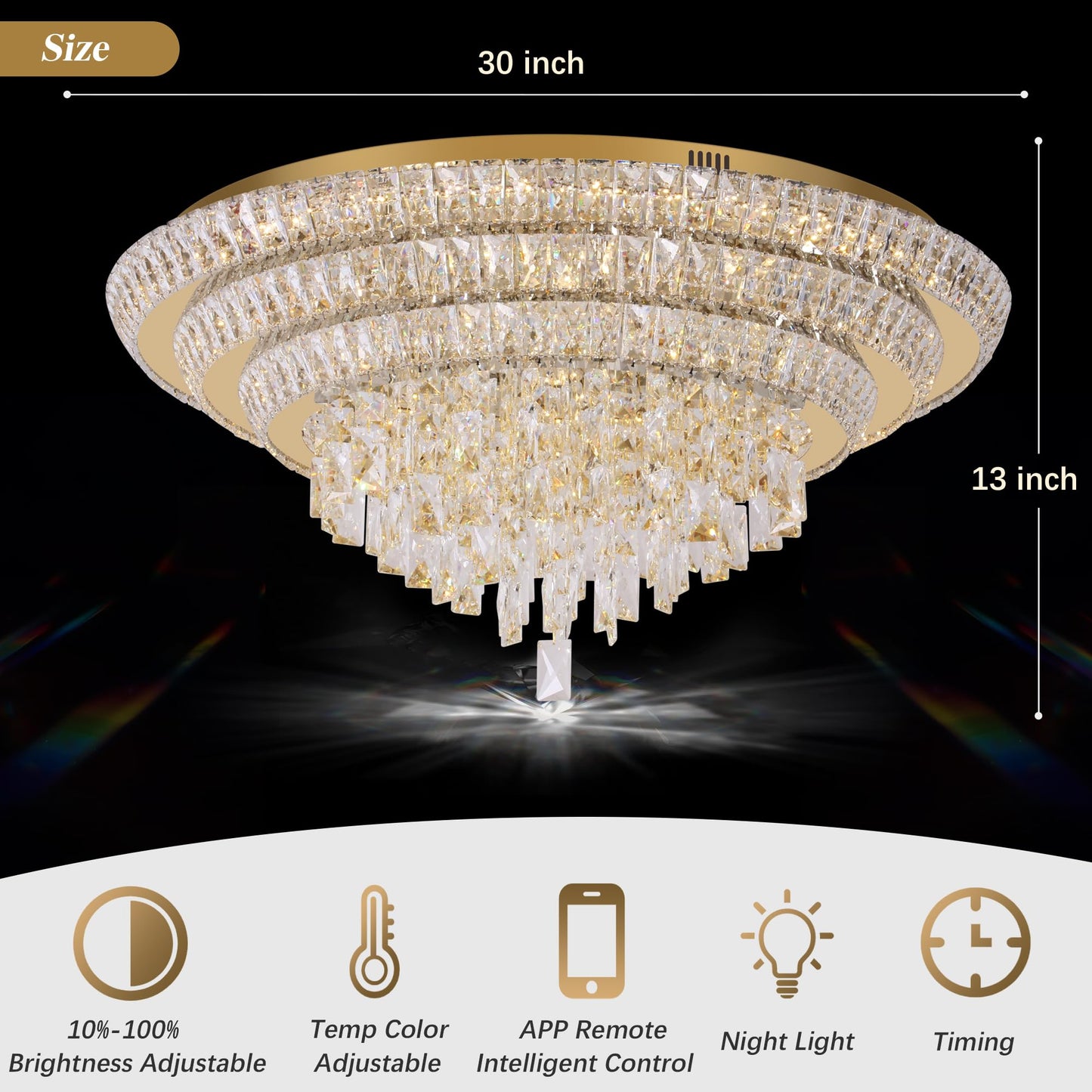 30 inch Crystal Gold Ceiling-Light Flush Mount With Remote Control and APP, 3CCT Dimmable & Brightness Adjustable, Modern Crystal Raindrop Chandeliers for Bedroom Hallway Dinning Room Living Room