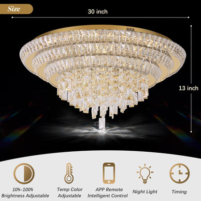30 inch Crystal Gold Ceiling-Light Flush Mount With Remote Control and APP, 3CCT Dimmable & Brightness Adjustable, Modern Crystal Raindrop Chandeliers for Bedroom Hallway Dinning Room Living Room