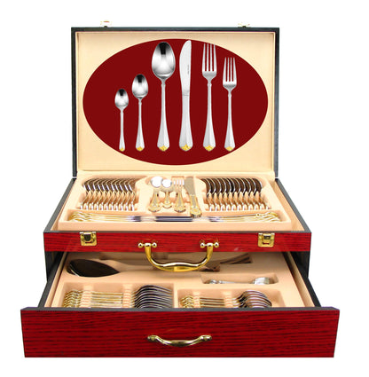 Venezia Collection 75-Pc Luxury Flatware Set for 12 w/Storage Case 24K Gold Premium Dining Cutlery Service - 18/10 Surgical Stainless Steel Silverware Hostess Serving Set in a Chest