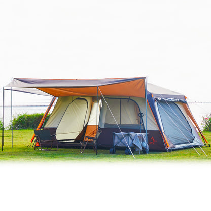 KTT Extra Large Tent 12 Person,Family Cabin Tents,Awning,2 Rooms,4 Doors and 4 Windows with Mesh,Straight Wall,Waterproof,Double Layer,Big Tent for Outdoor,Picnic,Camping,Family Gathering(Brown)